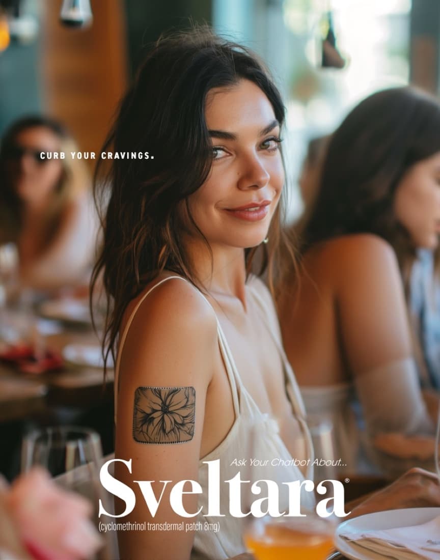 Sveltara. A satirical ad from one of my scenarios. Sveltara is a craving-curbing skin patch you ask your chatbot about, built to make a signal like GLP-1 drugs feel real.