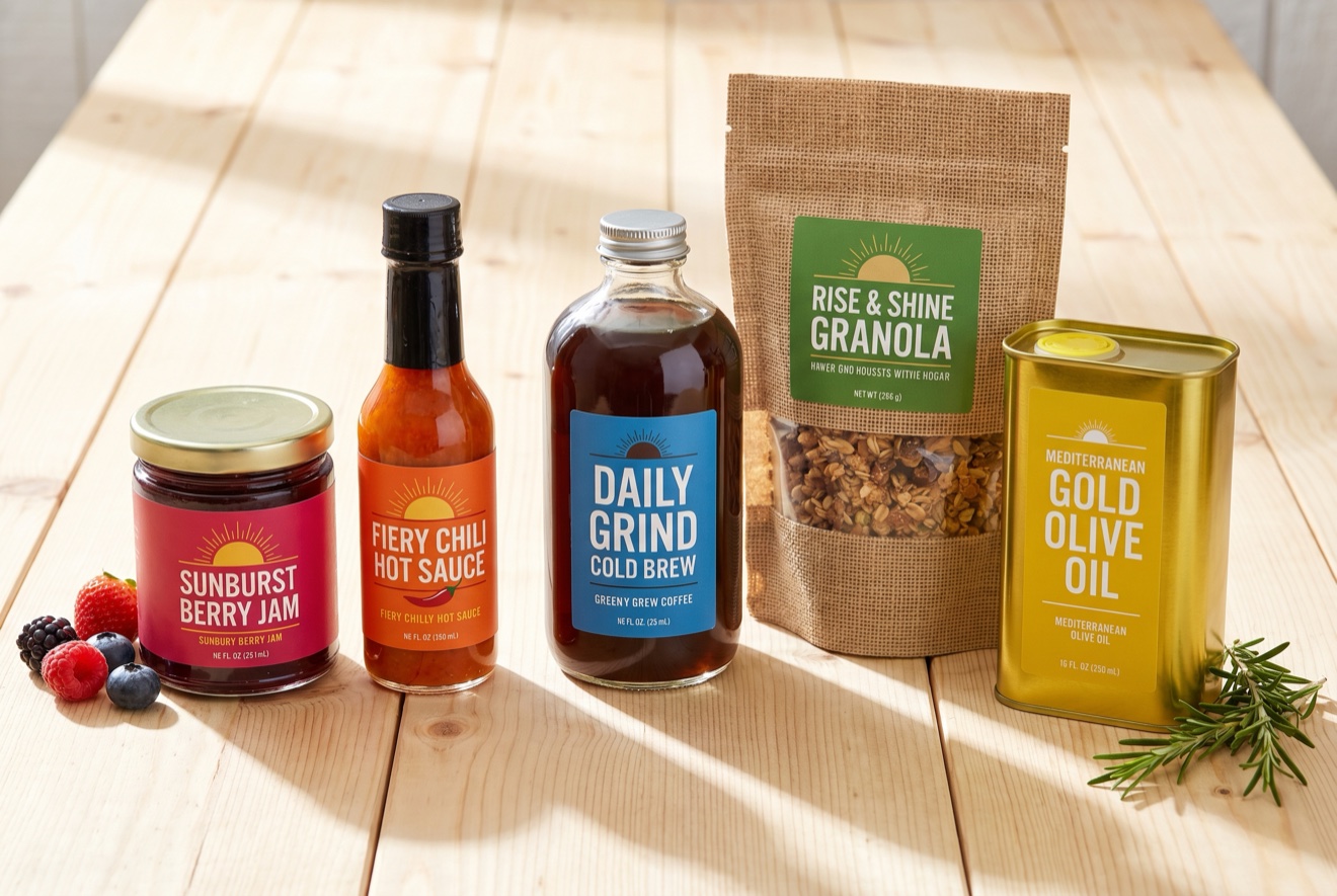 A colorful array of craft packaged food and drink products on a sunlit table