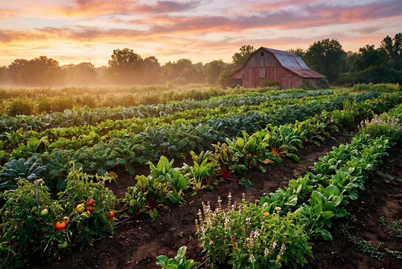 Lush rows of farm crops at golden hour with a weathered red barn
