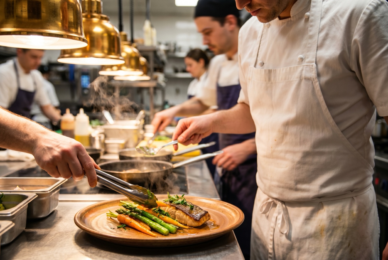 A chef plating a vibrant dish during service in a busy restaurant kitchen