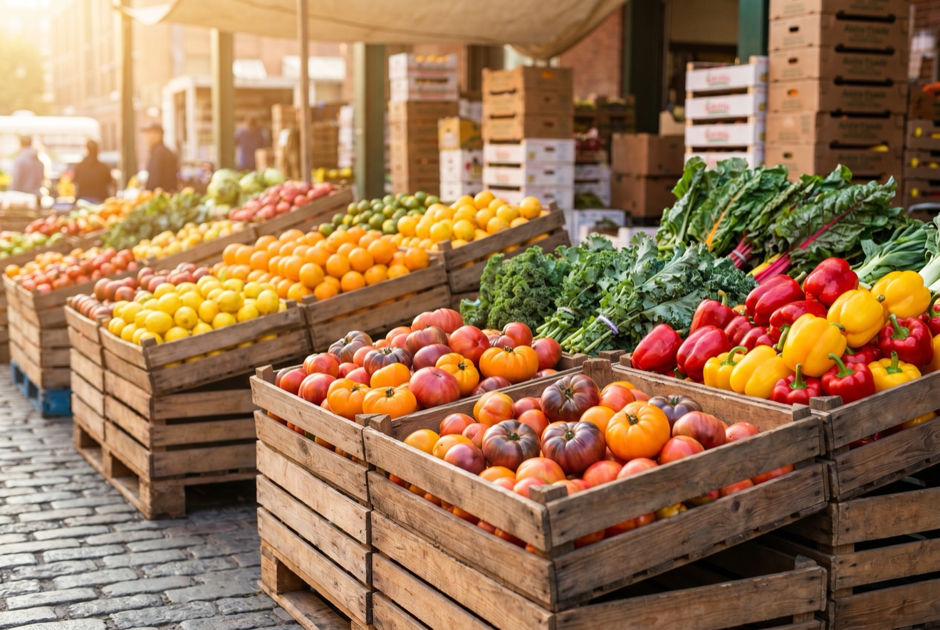 Crates of fresh, colorful produce at a sunlit food market